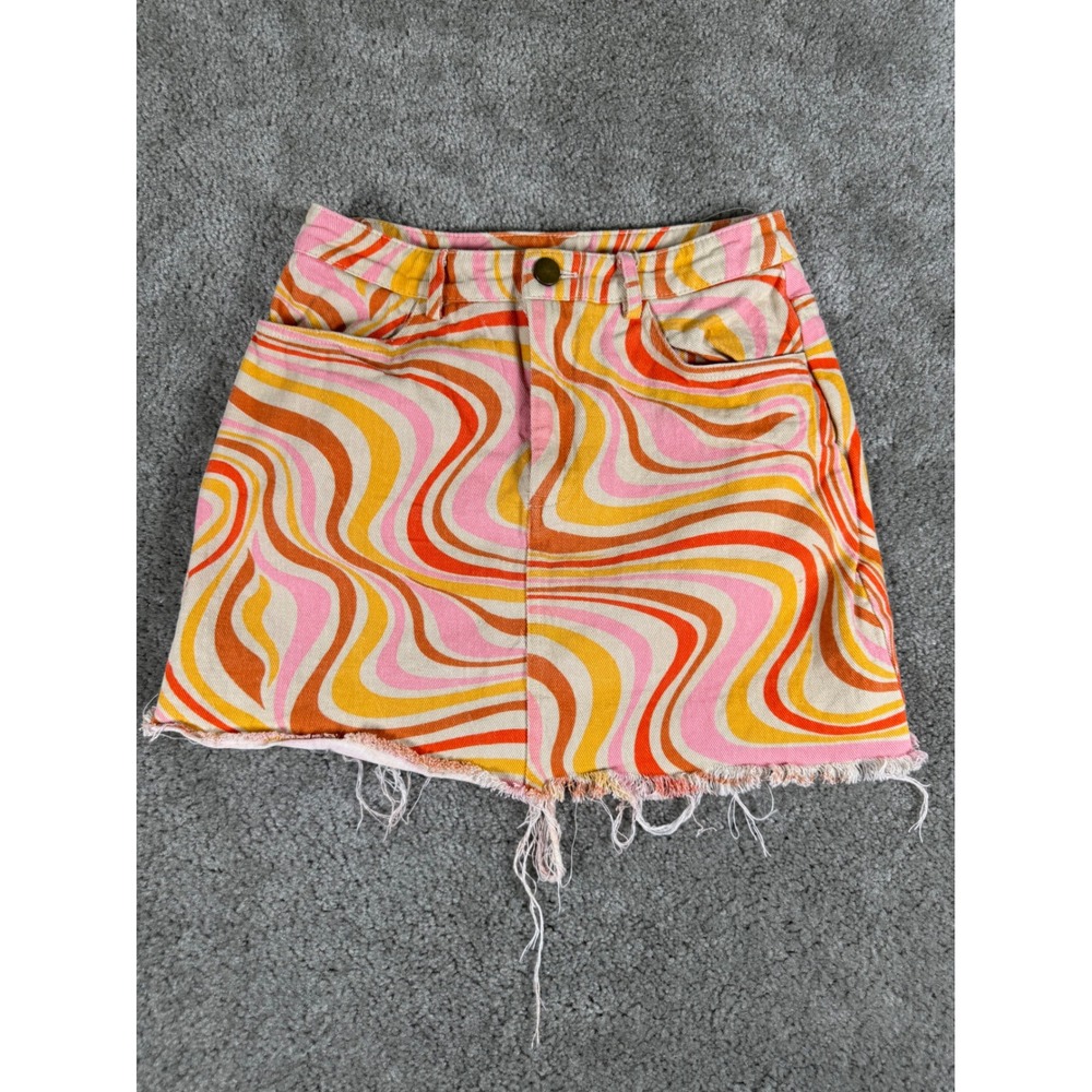 Pretty Garbage Swirl Print Denim Mini Skirt Pink Orange Retro 70s Psychedelic S